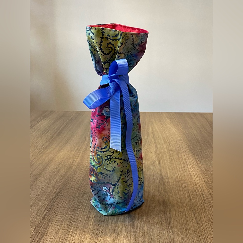 Whimsical Handmade Wine Bottle Gift Bag, Blue/Pink/Green, 750 mL.